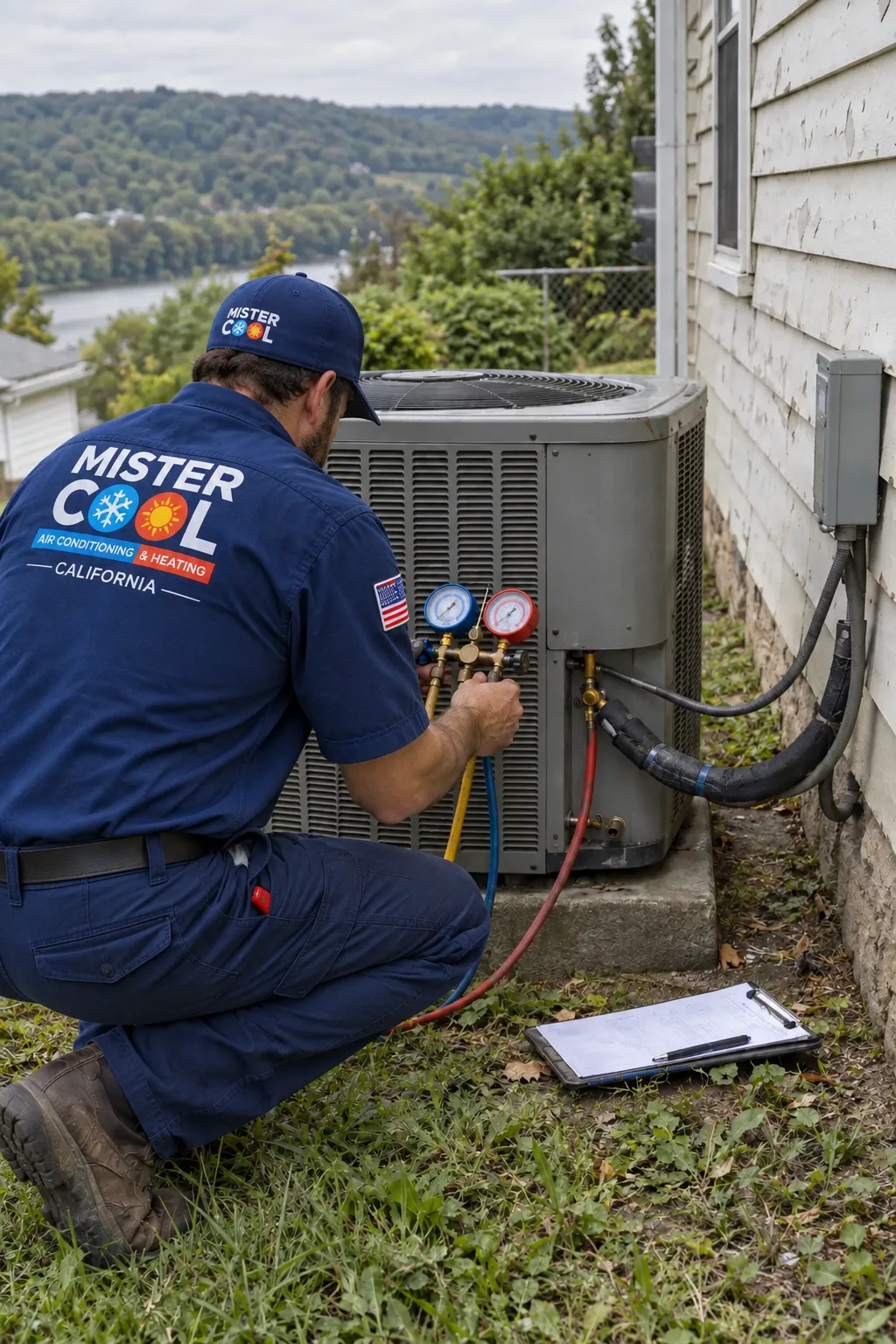 Mister Cool technician at an outdoor AC unit at a Los Angeles home