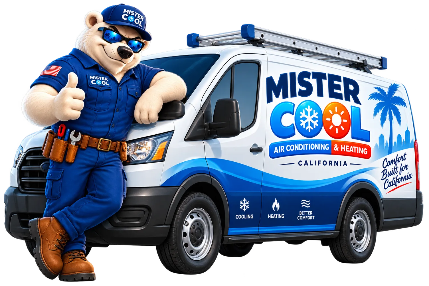 Mister Cool technician leaning against the wrapped service van before a variable-speed HVAC install in Los Angeles