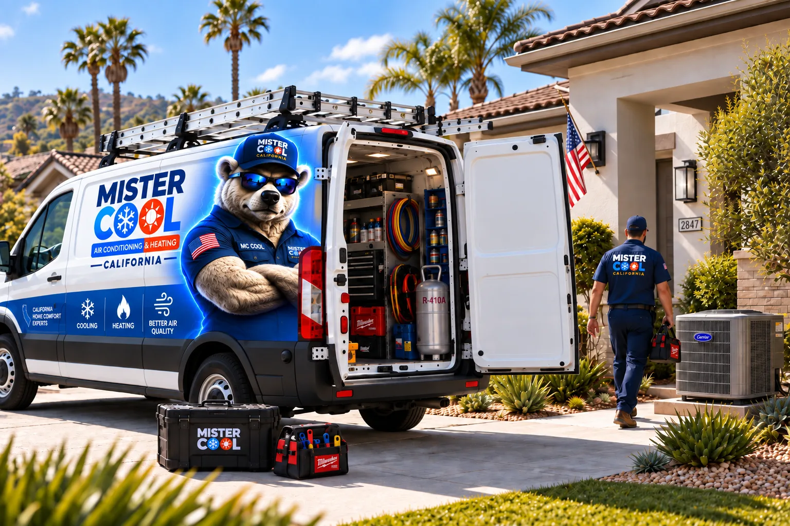 Mister Cool service van with the rear doors open outside a Los Angeles home