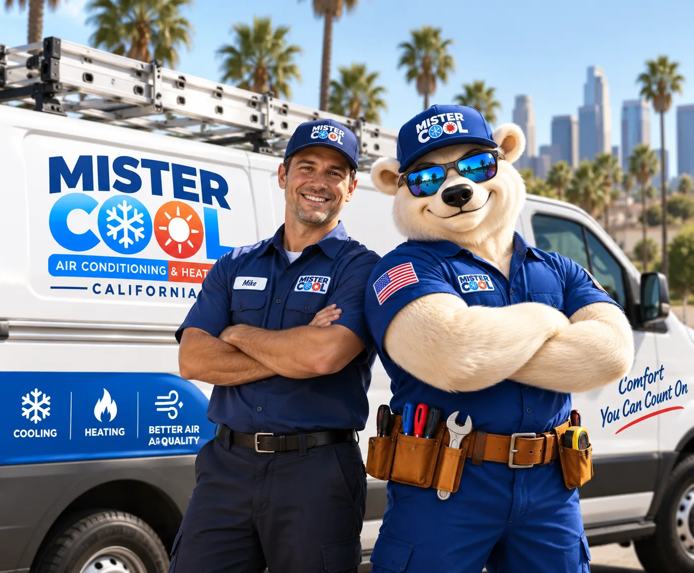 Mister Cool technician with the wrapped service van outside a Los Angeles home before an air purifier installation