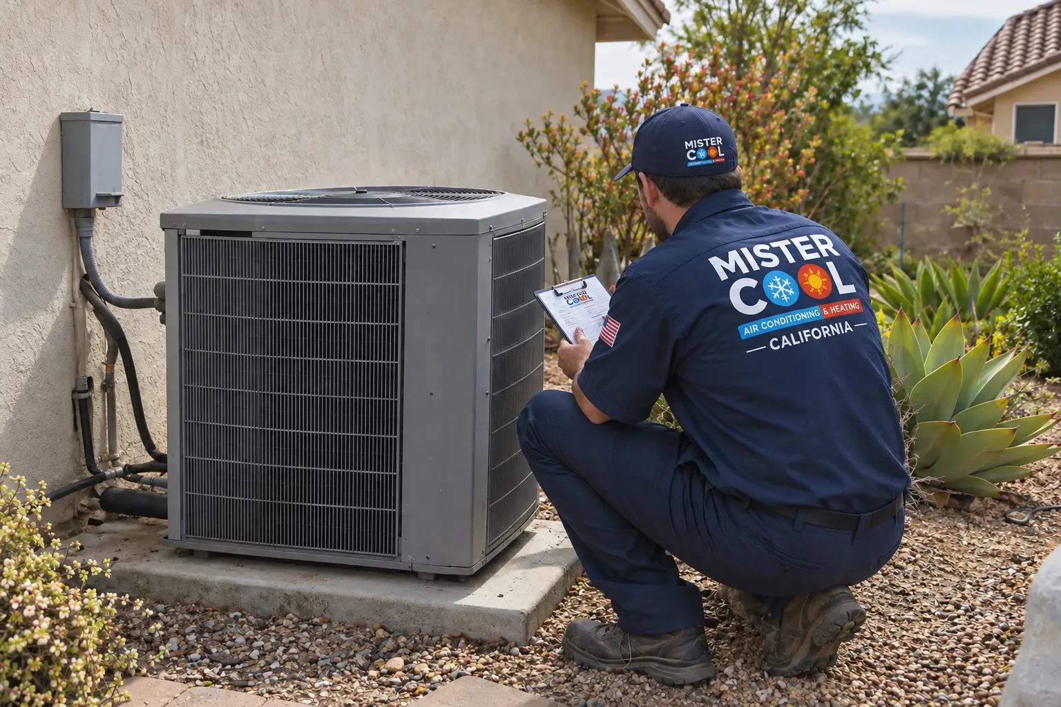 Mister Cool California technician installing a ductless mini-split head unit at a Los Angeles home
