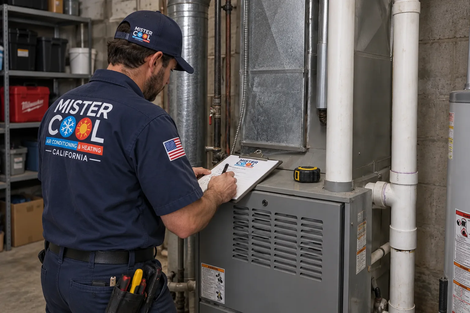 Mister Cool technician servicing a ductless mini-split head unit at a Los Angeles home