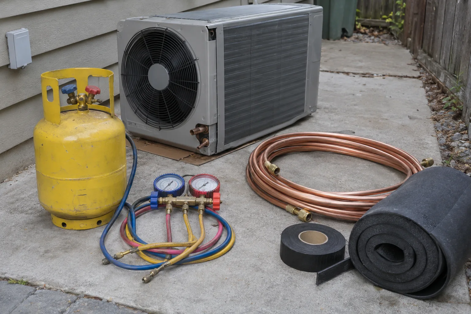 Central air installation equipment staged on a Los Angeles driveway: a refrigerant recovery cylinder, manifold gauge set, copper line sections, a condenser unit on its side and rolls of insulation wrap