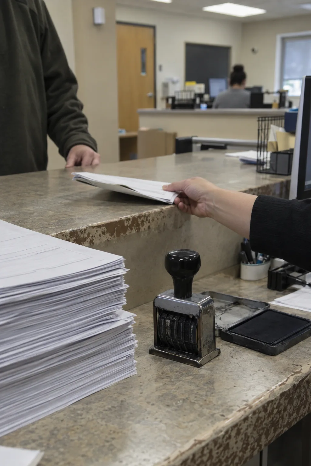 A Los Angeles permit office counter with stacked mechanical permit application forms, a date stamp and an ink pad, a clerk sliding paperwork across to a contractor