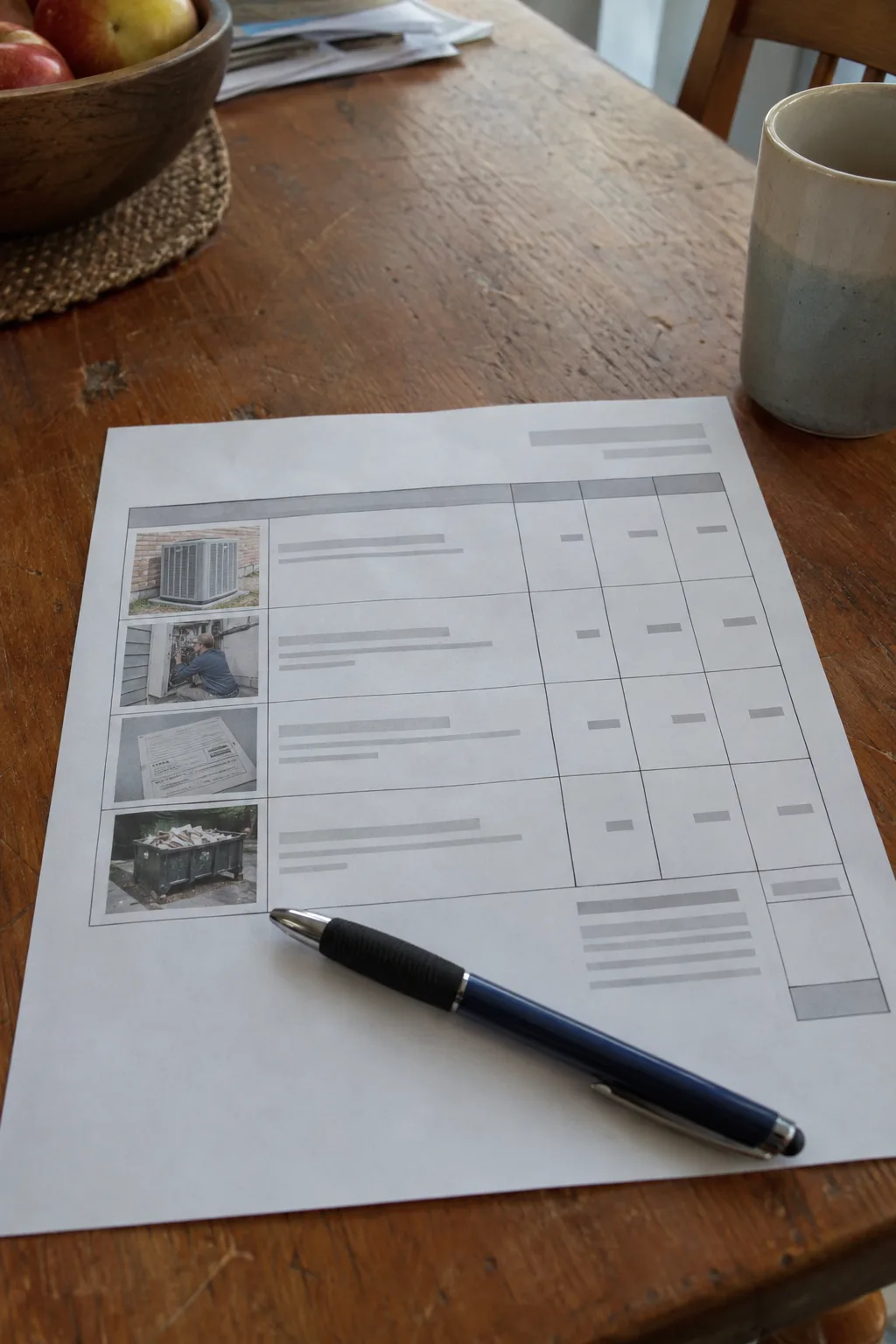 A printed Mister Cool California AC replacement estimate with itemized line rows on a kitchen table in a Los Angeles home, a pen resting across the page
