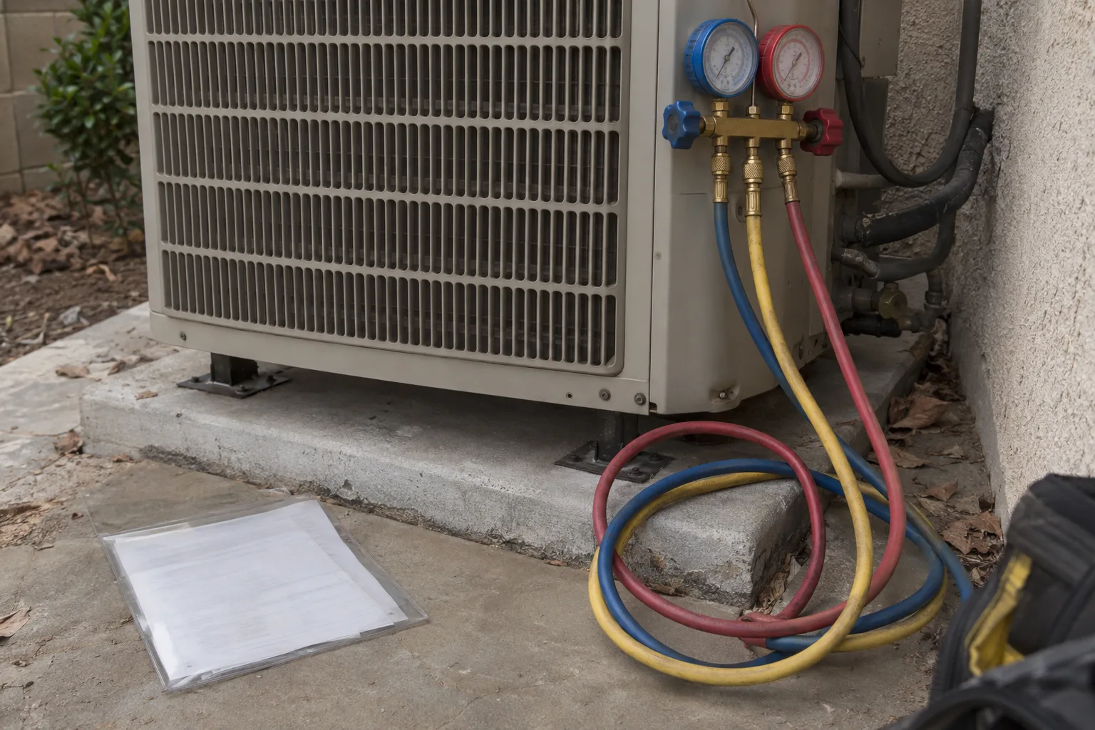 Refrigerant manifold gauge hoses on a condenser unit beside a permit document at a Los Angeles home