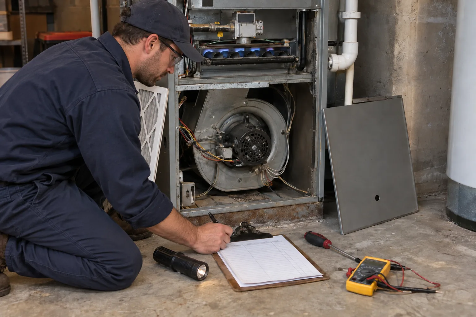A Los Angeles home's gas furnace with the access panel removed, blower compartment visible, a new pleated filter leaning against the cabinet and a clipboard, flashlight and hand tools laid out on the floor