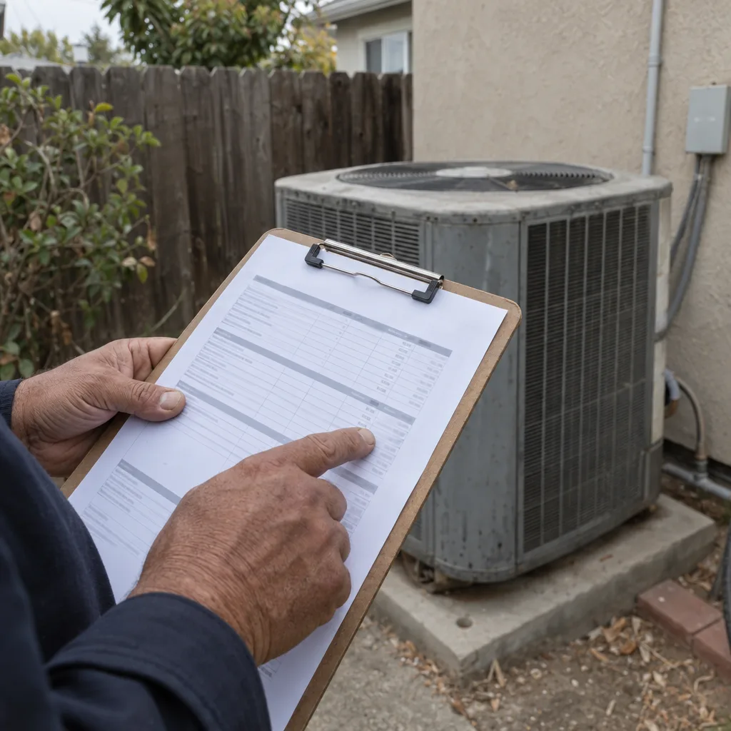 Technician's hand pointing to a line on a printed estimate at a Los Angeles home