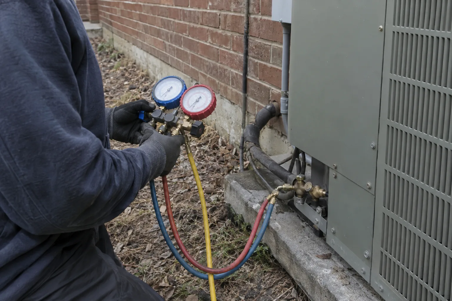A technician's gloved hands reading a refrigerant manifold gauge set connected to the service ports of an outdoor condenser unit beside a Los Angeles home