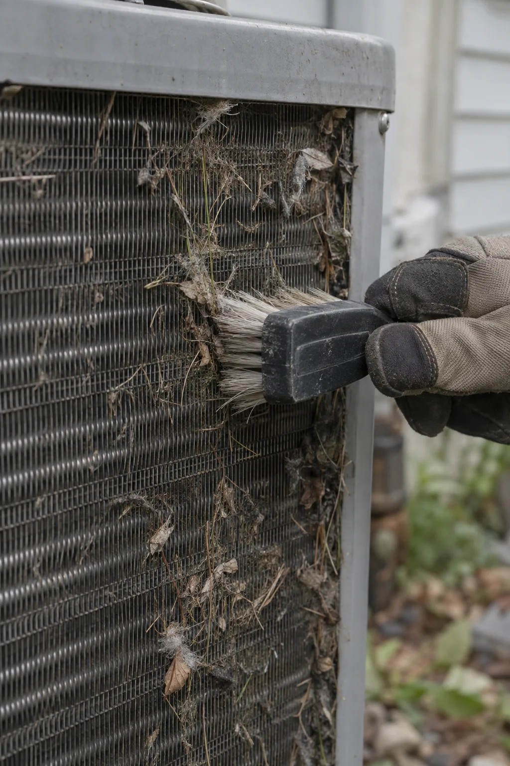 Close-up of a dirty outdoor condenser coil at a Los Angeles home with debris packed into the aluminum fins, a gloved hand brushing the buildup clear