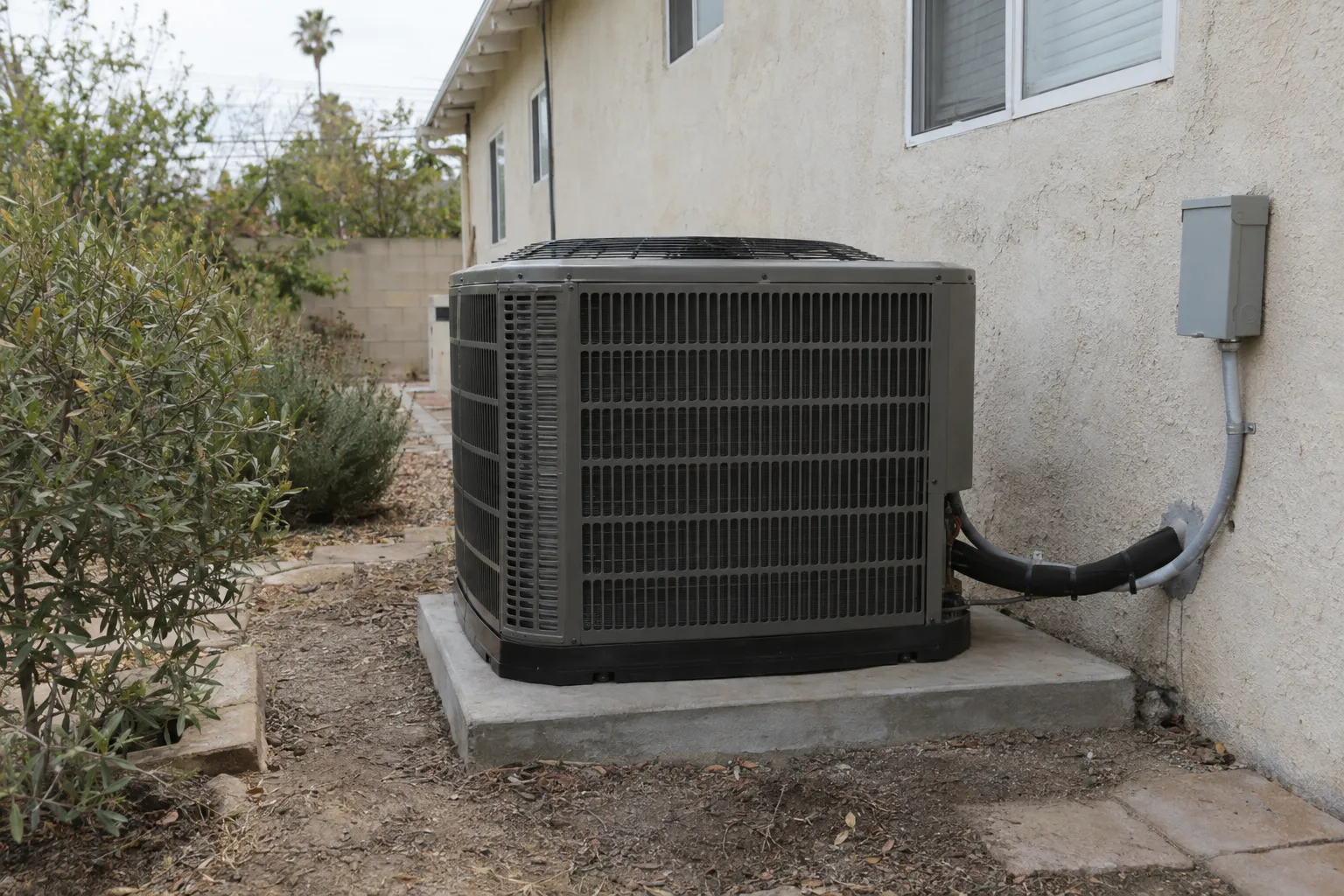 A new high-efficiency central air conditioner condenser unit mounted on a concrete pad beside the stucco wall of a Southern California ranch house, with insulated refrigerant lines running neatly along the exterior under bright midday sunlight.