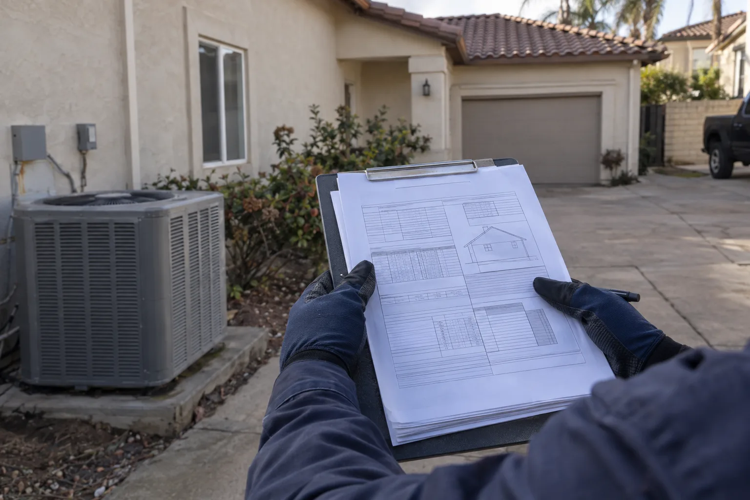 A technician's gloved hands holding a clipboard of load calculation worksheets in a residential driveway, with a stucco and tile-roof Los Angeles home softly blurred in the warm afternoon background.