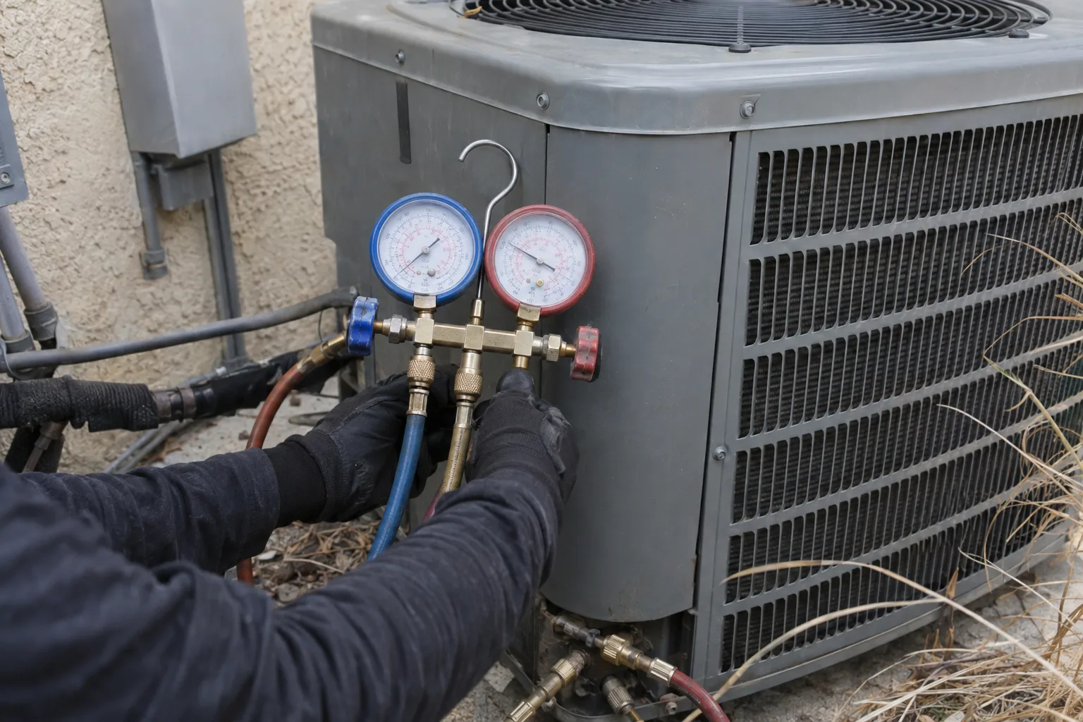 Technician's gloved hands attaching manifold gauge hoses to the service ports of a residential air conditioning condenser unit beside a stucco exterior wall, with pressure gauge dials visible in sharp focus