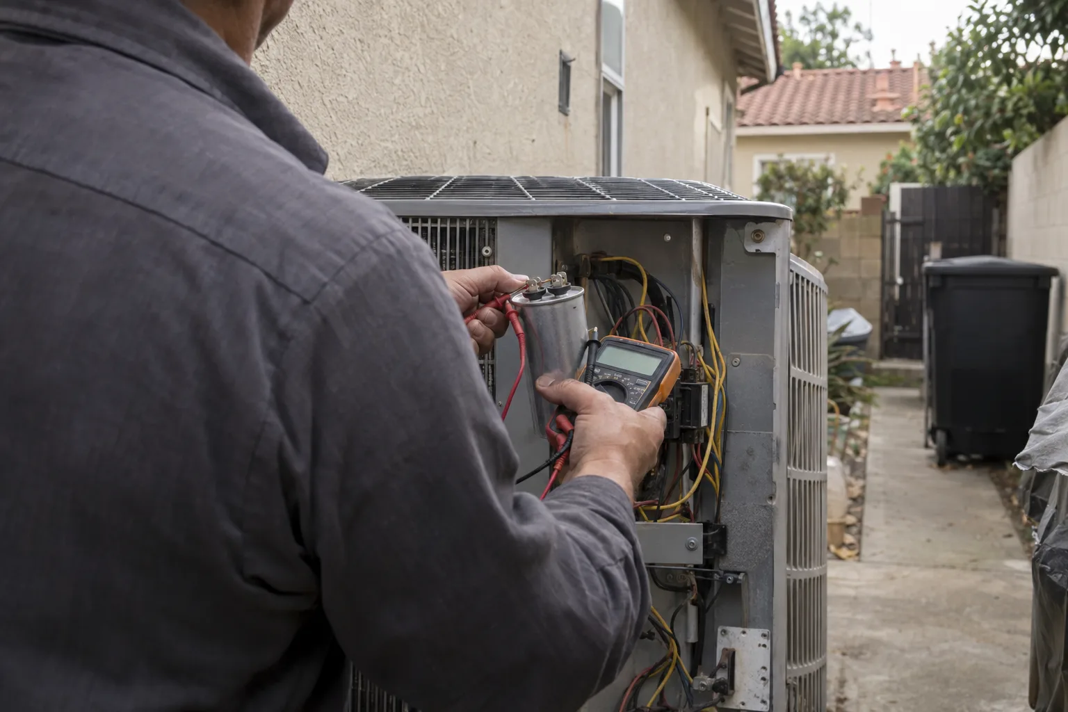 Technician holding a cylindrical AC run capacitor and testing it with a digital multimeter, standing beside an open condenser unit access panel against a stucco wall in a Southern California residential side yard