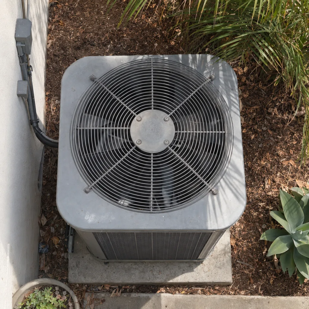 Aerial close-up view looking straight down at a residential central air conditioning condenser unit on a concrete pad, with palm frond shadows crossing the metal top grille and dry landscaping visible at the edges