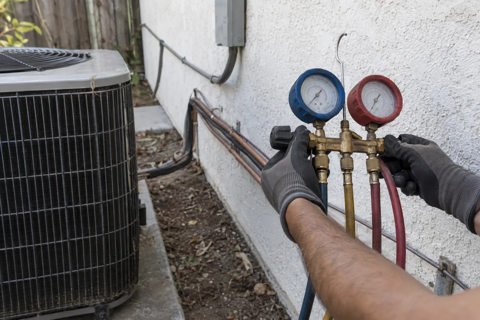 A technician's gloved hands holding a manifold gauge set connected to copper refrigerant lines running along a white stucco exterior wall next to an AC condenser unit