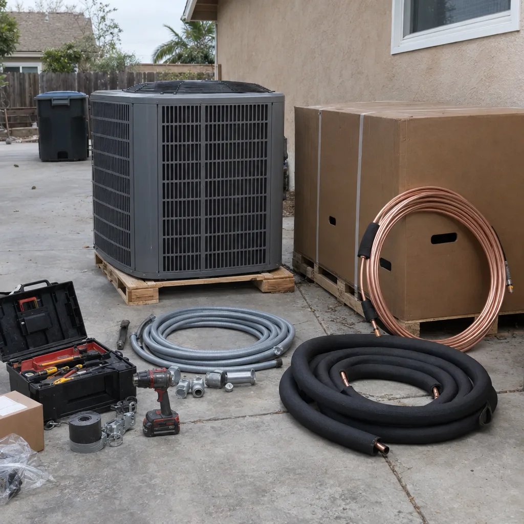 HVAC replacement materials including a boxed condenser unit, coiled copper line set, conduit sections, and hand tools staged on a concrete driveway next to a stucco house in bright sunlight
