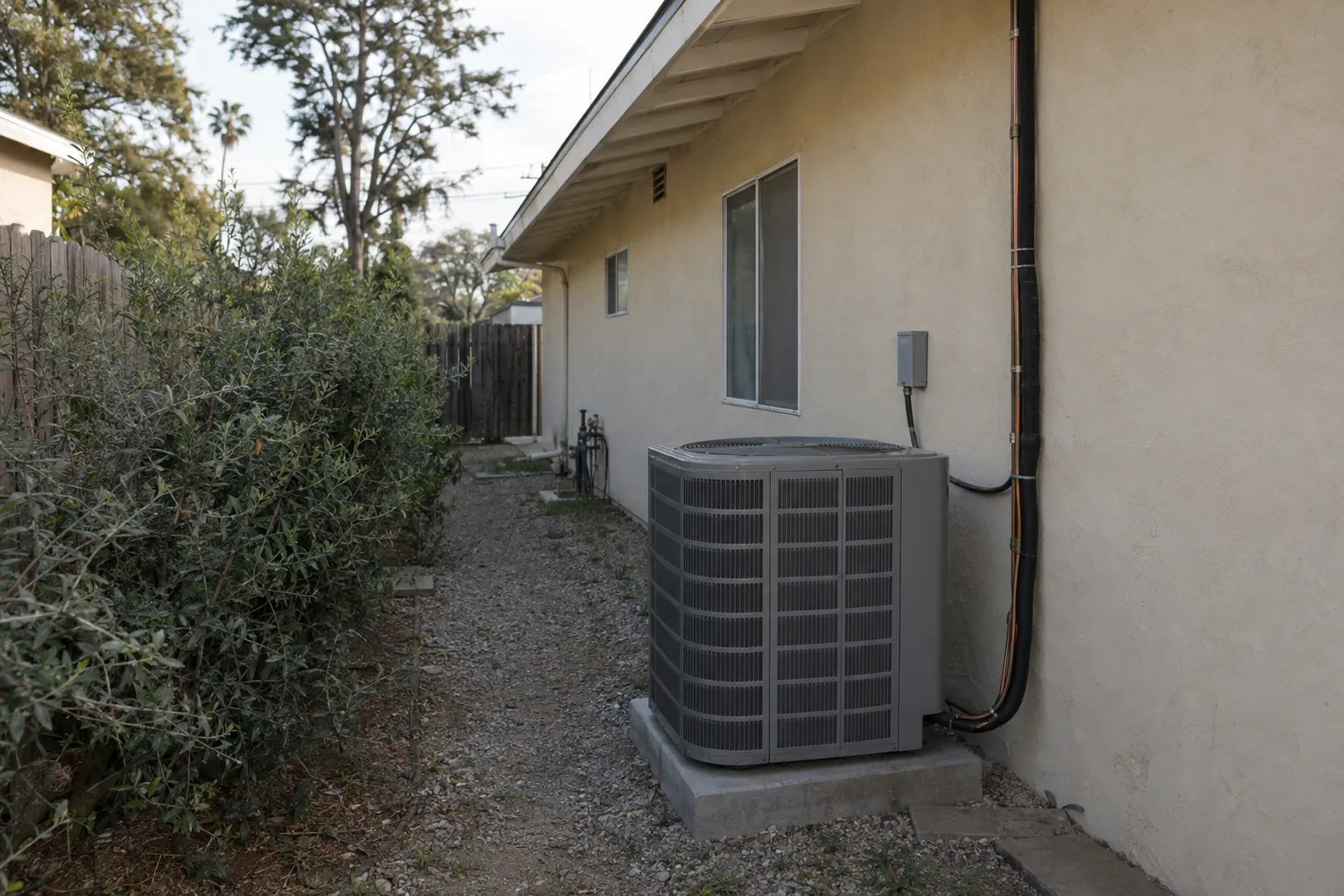 A narrow side yard of a mid-century ranch stucco home in Los Angeles with a newly installed AC condenser on a concrete pad, copper refrigerant lines secured along the wall, and drought-tolerant shrubs in late afternoon light