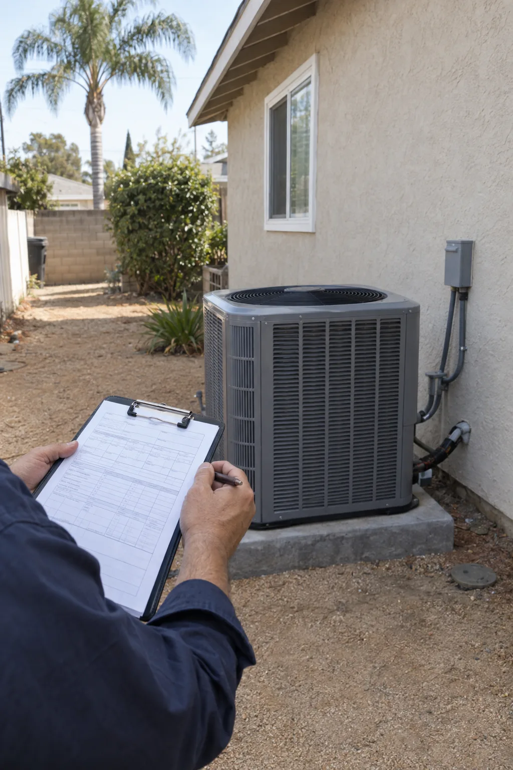 Close view of a technician's hands holding a clipboard next to a freshly installed central AC condenser on a concrete pad beside a stucco ranch house, with dry landscaping and a palm tree in the soft background.