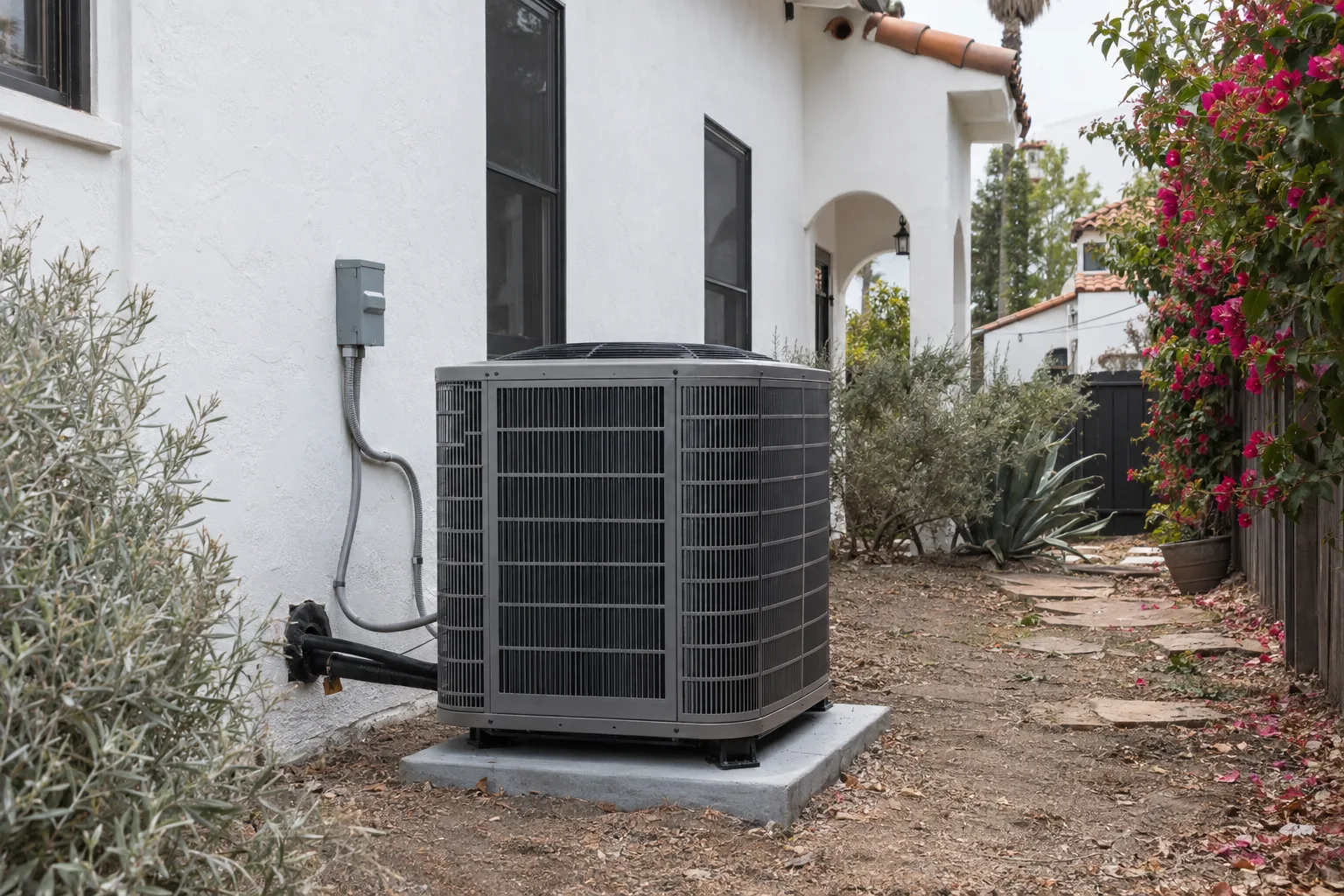 A new central AC condenser unit sitting on a concrete pad in the shaded side yard of a white stucco Spanish-style home, with a terracotta tile roof overhead and bougainvillea along the fence.