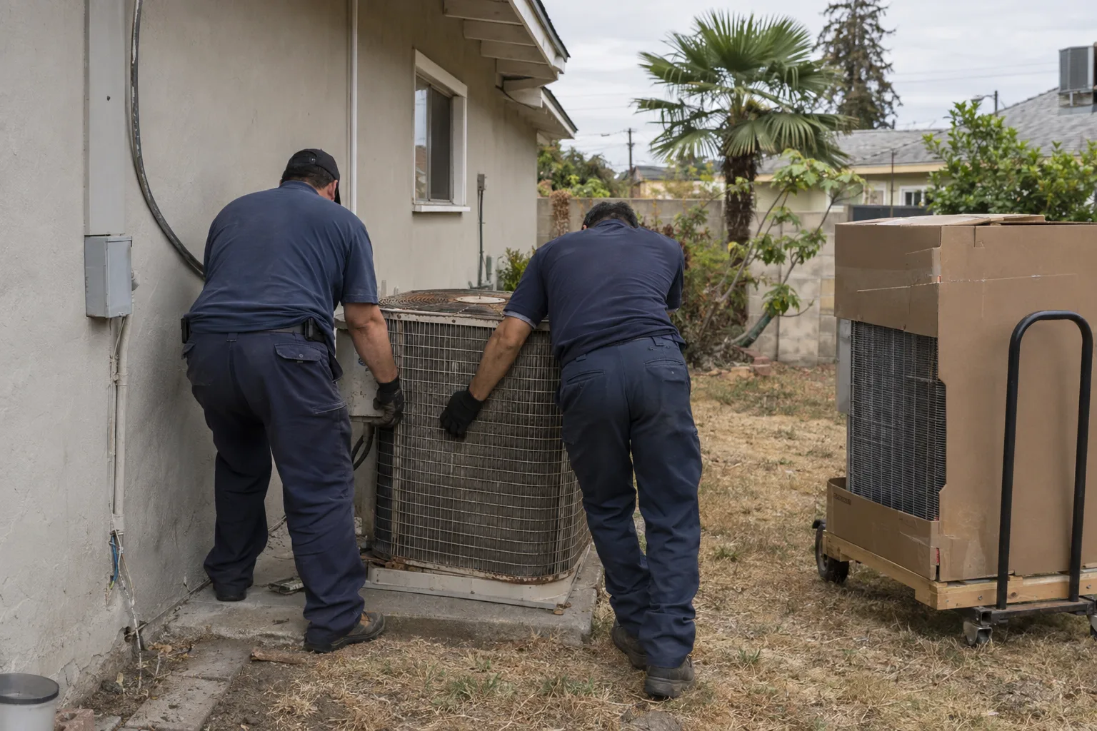 Two technicians seen from behind uninstalling an old condenser unit from a concrete pad beside a mid-century stucco ranch house, with a new boxed unit on a dolly waiting nearby under overcast Los Angeles morning light.