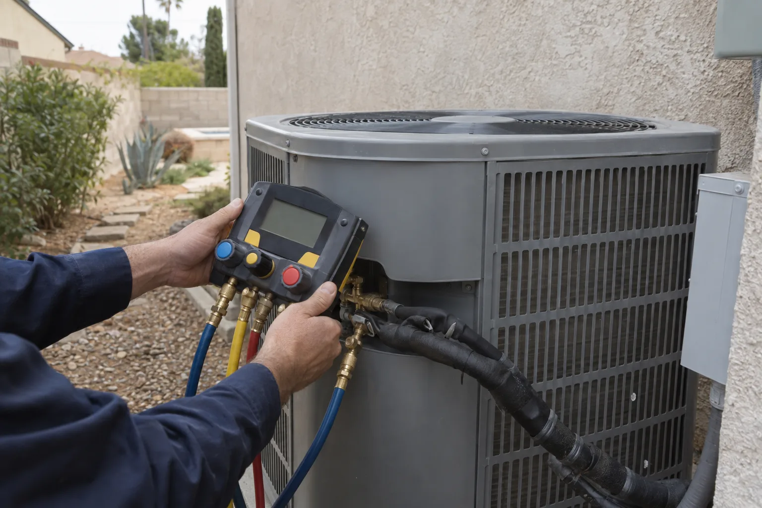 A technician's gloved hands connecting a digital manifold gauge set to the service ports of a new residential AC condenser unit against a stucco wall with drought-tolerant plants in the background.