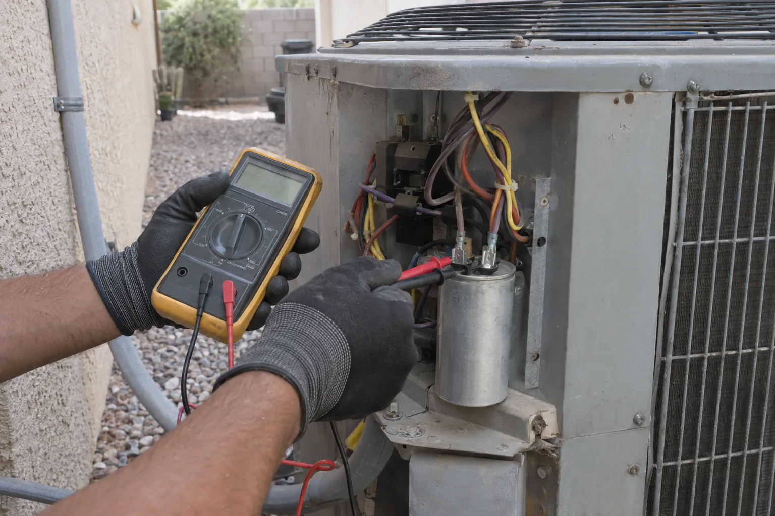 A technician's gloved hands use a digital multimeter to test a run capacitor inside an open outdoor AC condenser unit beside a stucco house, with dry gravel landscaping visible in the background.