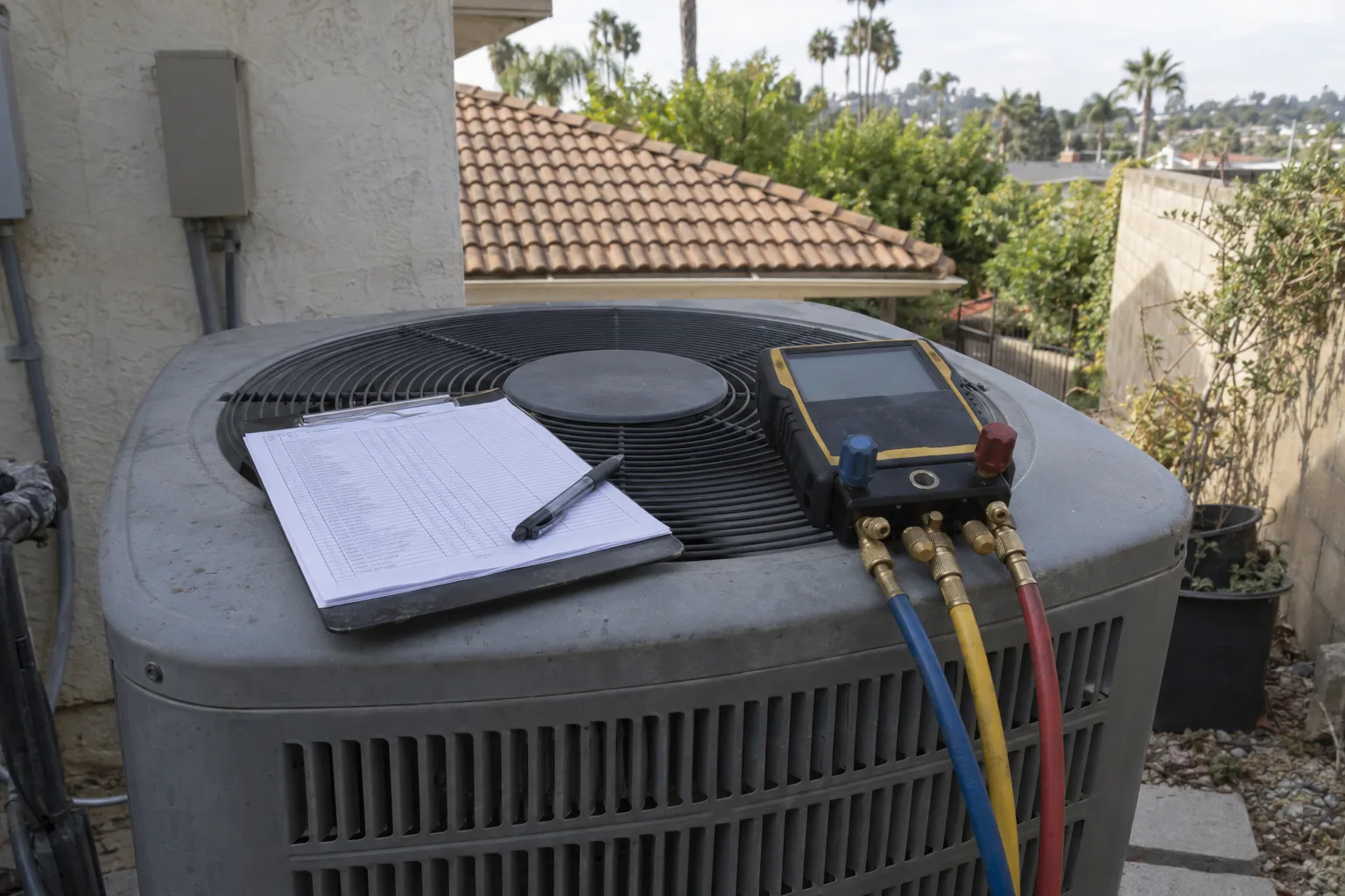 An HVAC inspection checklist on a clipboard sits on top of an outdoor condenser unit alongside a digital manifold gauge set and a pen, with a tile roof and palm fronds blurred in the background.