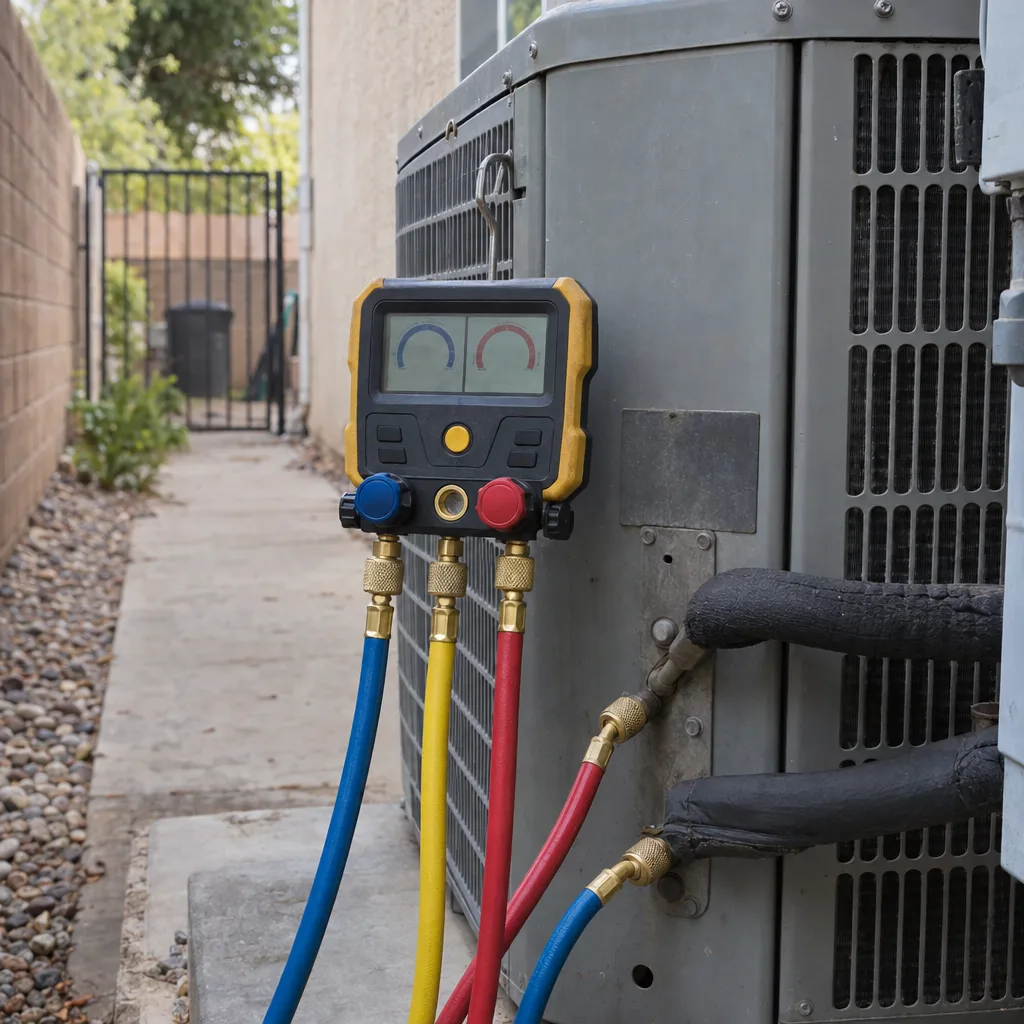 A digital manifold gauge set with coloured hoses is connected to the service ports of a residential outdoor condenser unit on a concrete pad beside a stucco wall, displaying pressure readings in bright sunlight.