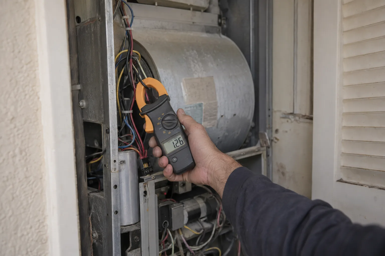 A digital clamp meter clamped around a blower motor wire lead inside an open air-handler cabinet, displaying an amperage reading, with the blower wheel visible and blurred in the background
