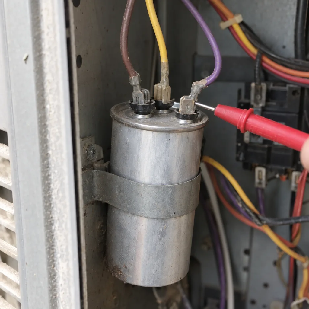A cylindrical run capacitor wired inside an air-handler cabinet with a multimeter probe touching its terminal, shot in close-up with shallow depth of field