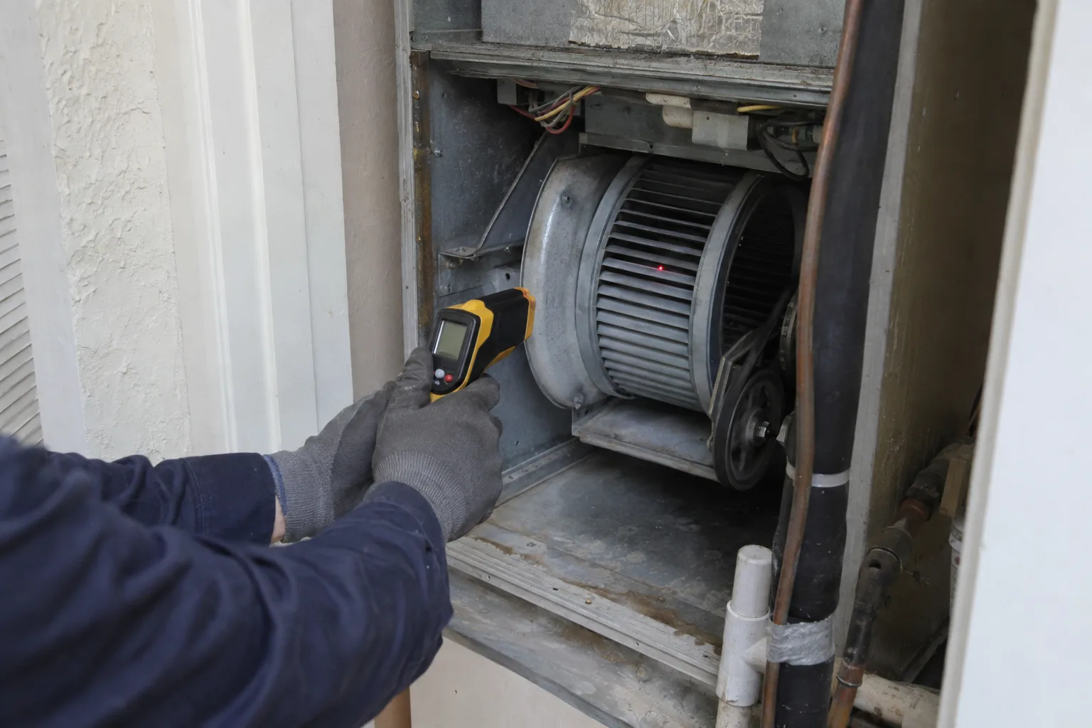 Gloved hands holding a non-contact tachometer toward a blower wheel inside an open residential air-handler cabinet, with stucco walls visible in the background