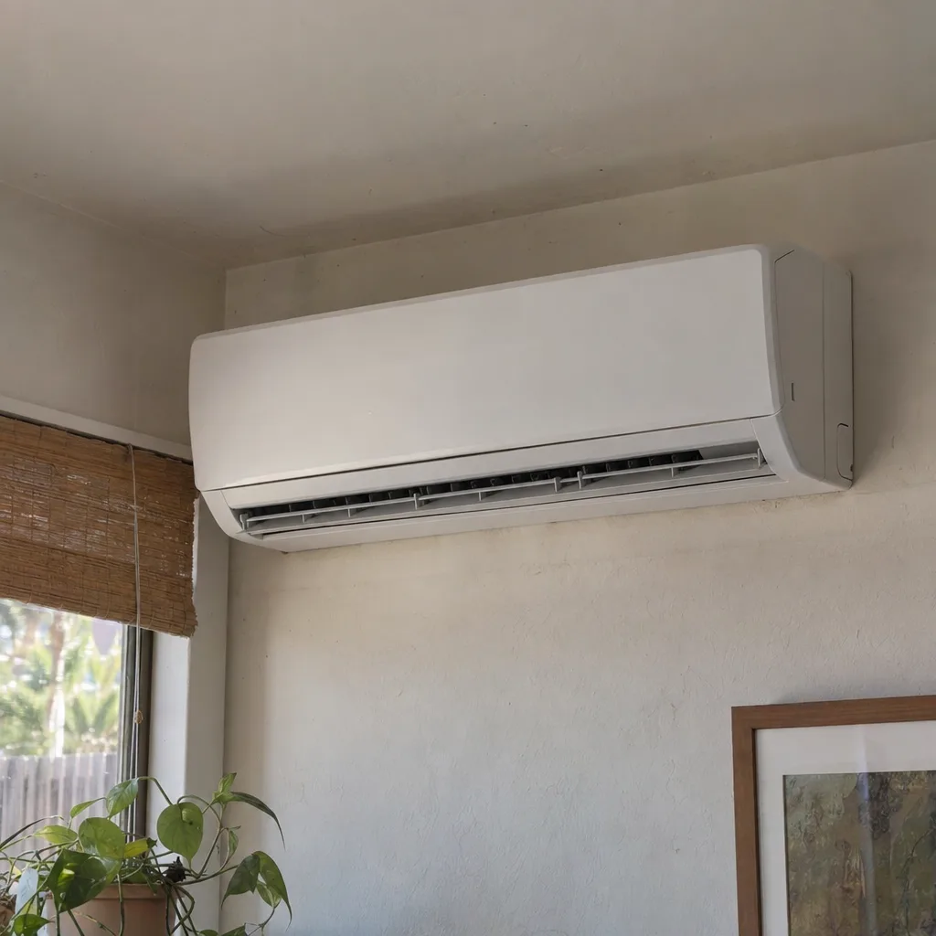 White ductless mini-split indoor air handler mounted near the ceiling on a smooth interior stucco wall, lit by warm natural light from a nearby window