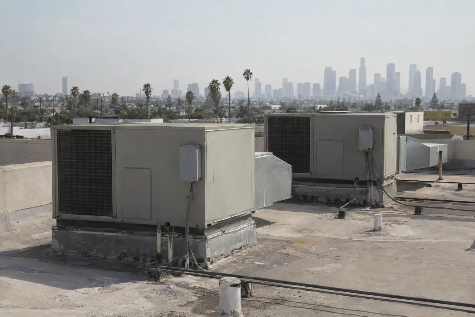 Two rooftop package HVAC units mounted on a low-rise commercial building rooftop in Los Angeles, with palm trees and a hazy city skyline visible in the background