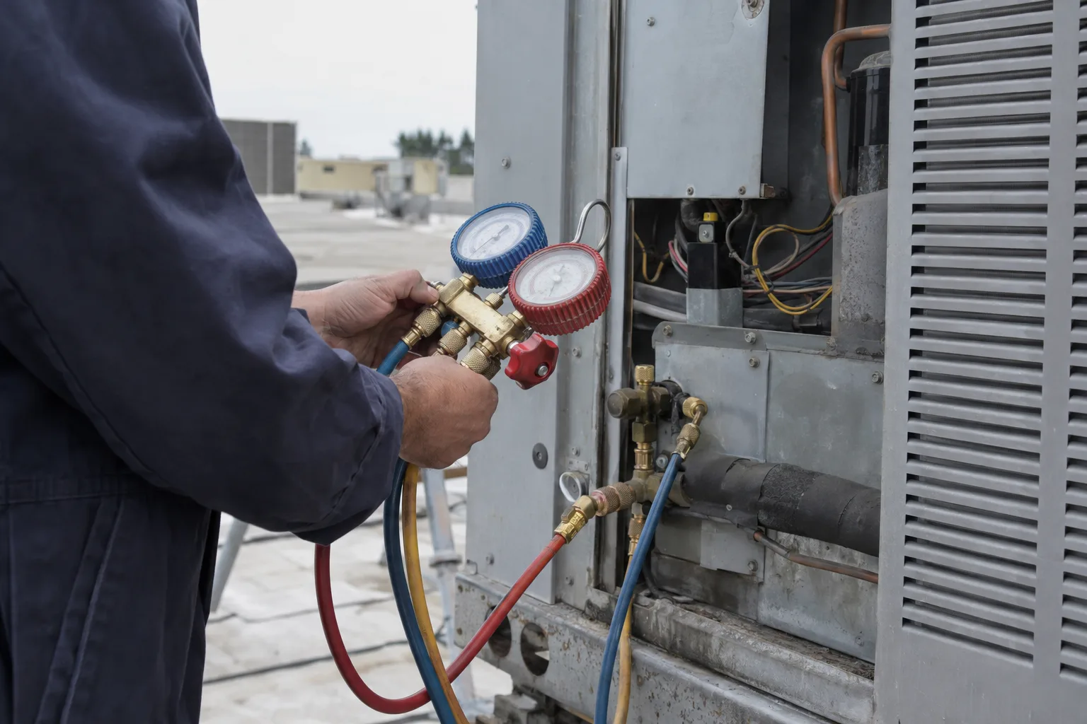 Close-up of a technician's hands connecting manifold gauges to the service ports of a commercial rooftop HVAC unit, with refrigerant lines and fittings visible inside the open access panel