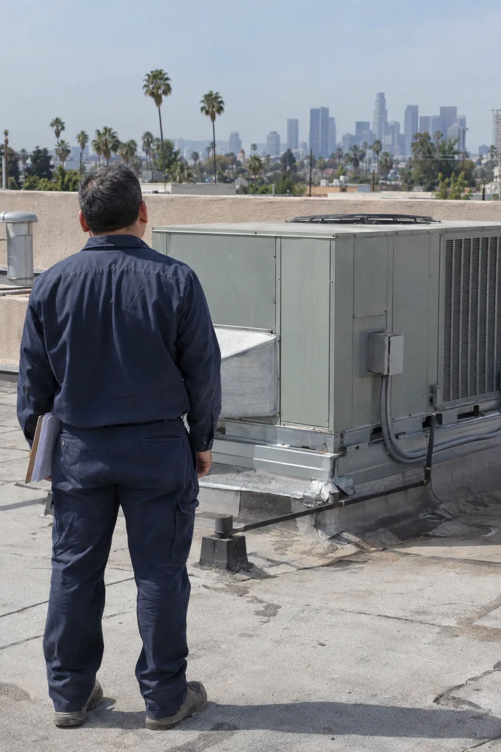 HVAC technician in a navy uniform standing on a commercial rooftop facing a large package unit, with palm trees and a hazy Los Angeles sky in the background