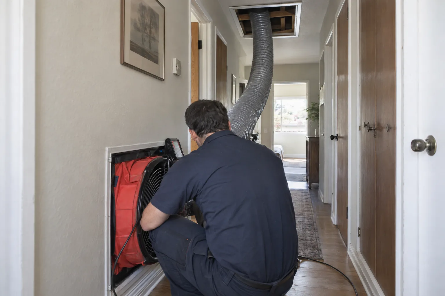 An HVAC technician crouching next to a duct blaster fan mounted in a floor supply register inside a mid-century ranch-house hallway, with an open attic hatch and flexible ductwork visible nearby