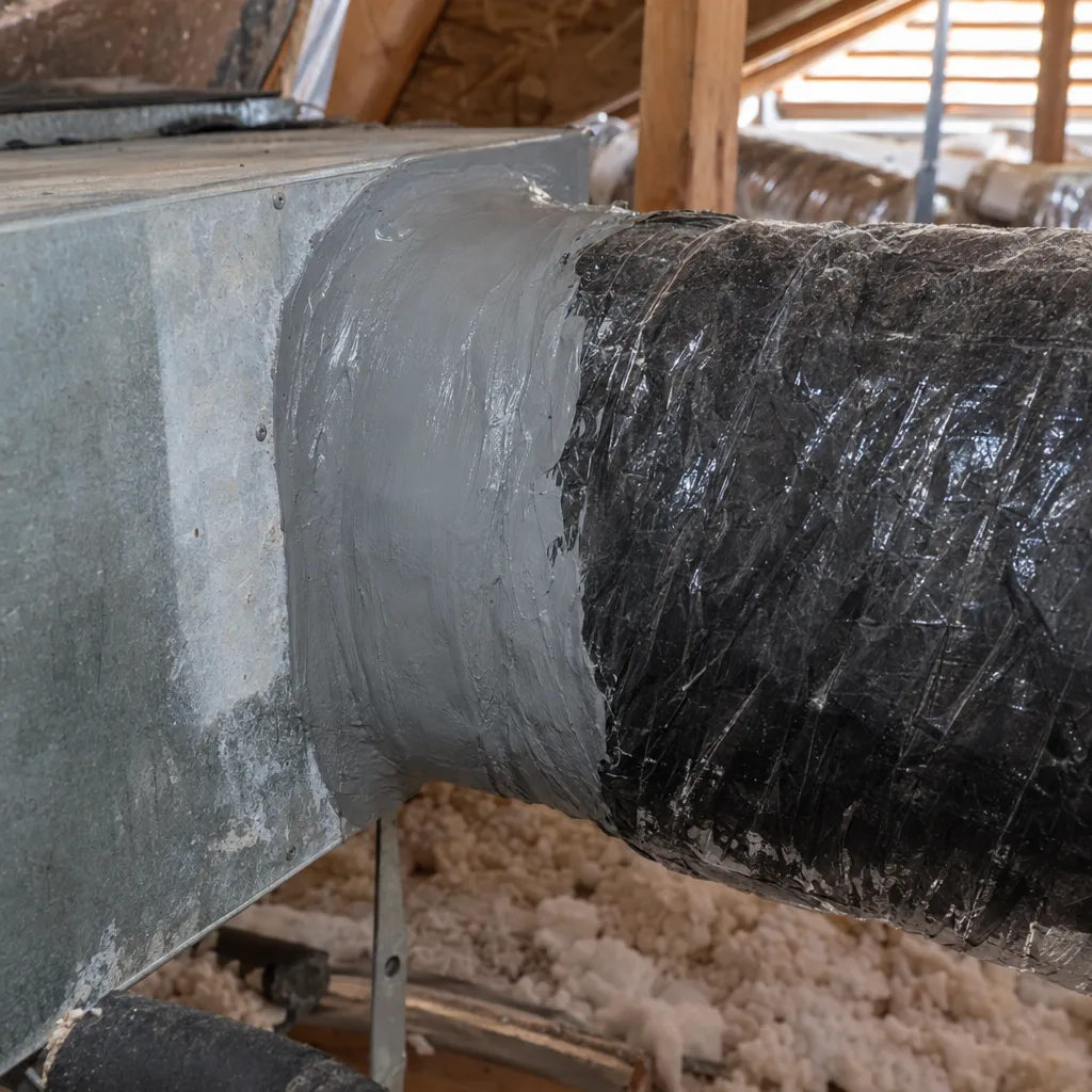 Close-up of a flexible duct connection sealed with smooth grey mastic at an air-handler collar inside a Los Angeles attic, lit by soft natural light from a gable vent