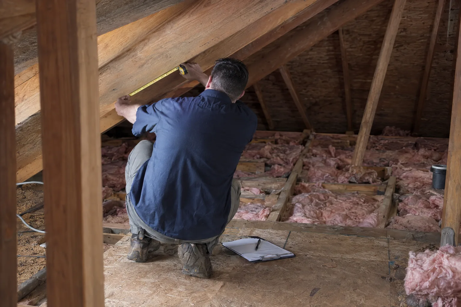 A technician measuring inside a hot, unfinished Los Angeles-area attic, clipboard and tape measure in hand, before any ductwork has been installed