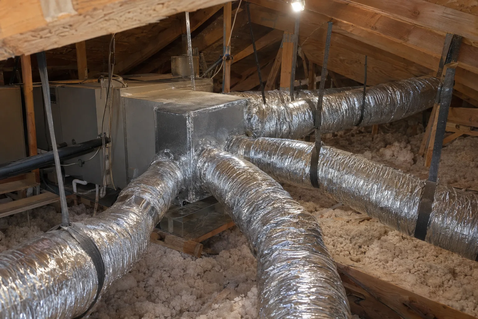 Freshly installed flexible ductwork branching from a sheet-metal plenum inside a Southern California residential attic, with mastic-taped connections and support straps properly in place