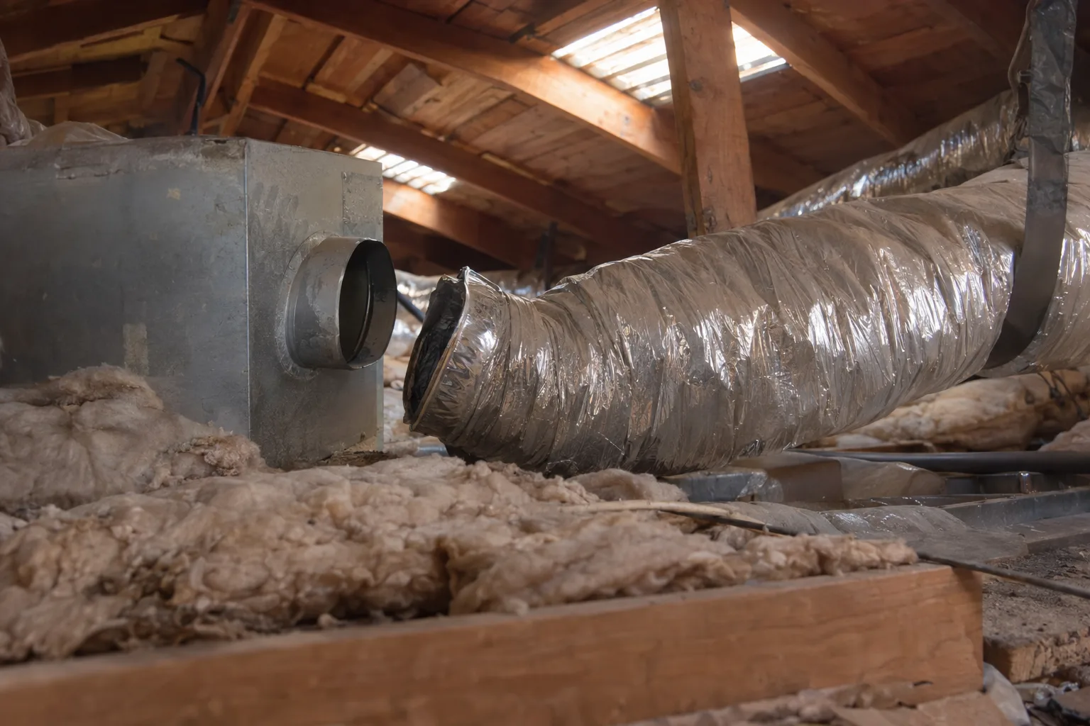 A disconnected flexible duct sagging away from a plenum collar inside a hot Los Angeles residential attic, surrounded by dusty fiberglass insulation batts and dim ambient light filtering through roof vents