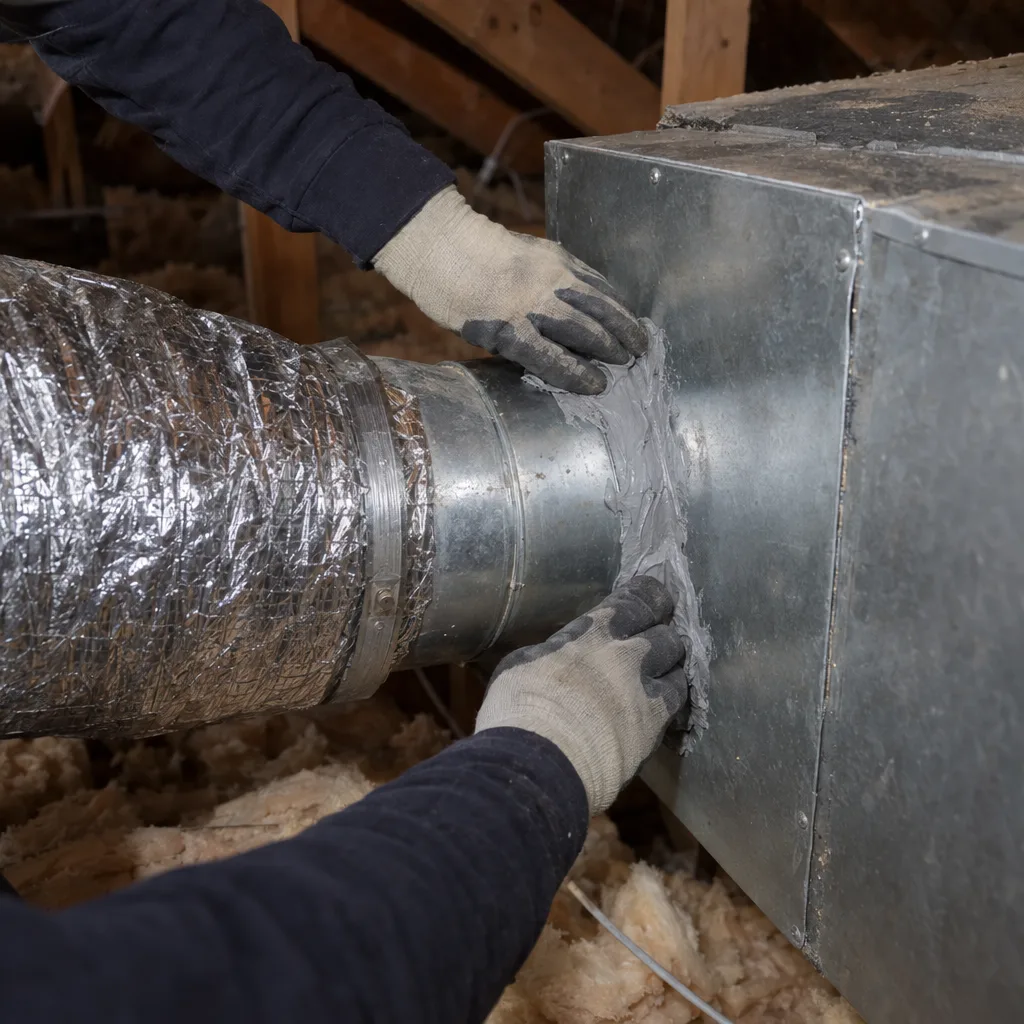 Gloved hands applying grey mastic sealant around the collar joint where a flexible duct connects to a metal plenum box inside a residential attic, with fiberglass insulation and wood rafters visible in the background