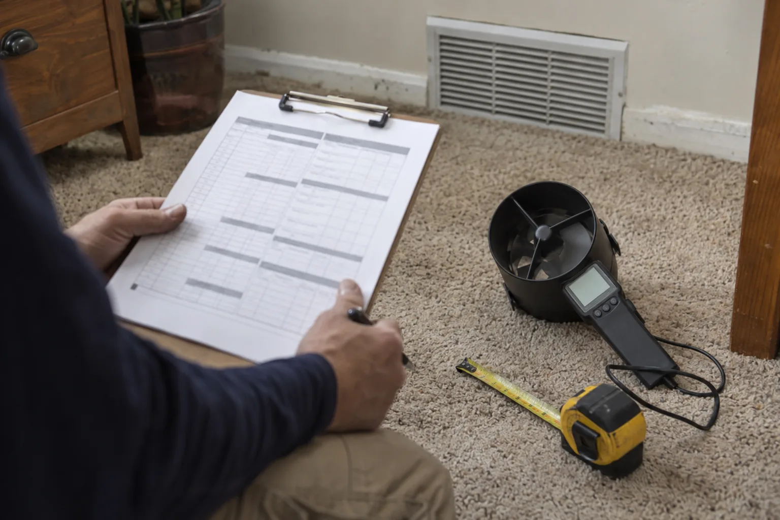 A technician's hands holding a clipboard with a load-calculation worksheet next to a tape measure and digital airflow meter on a carpeted floor.