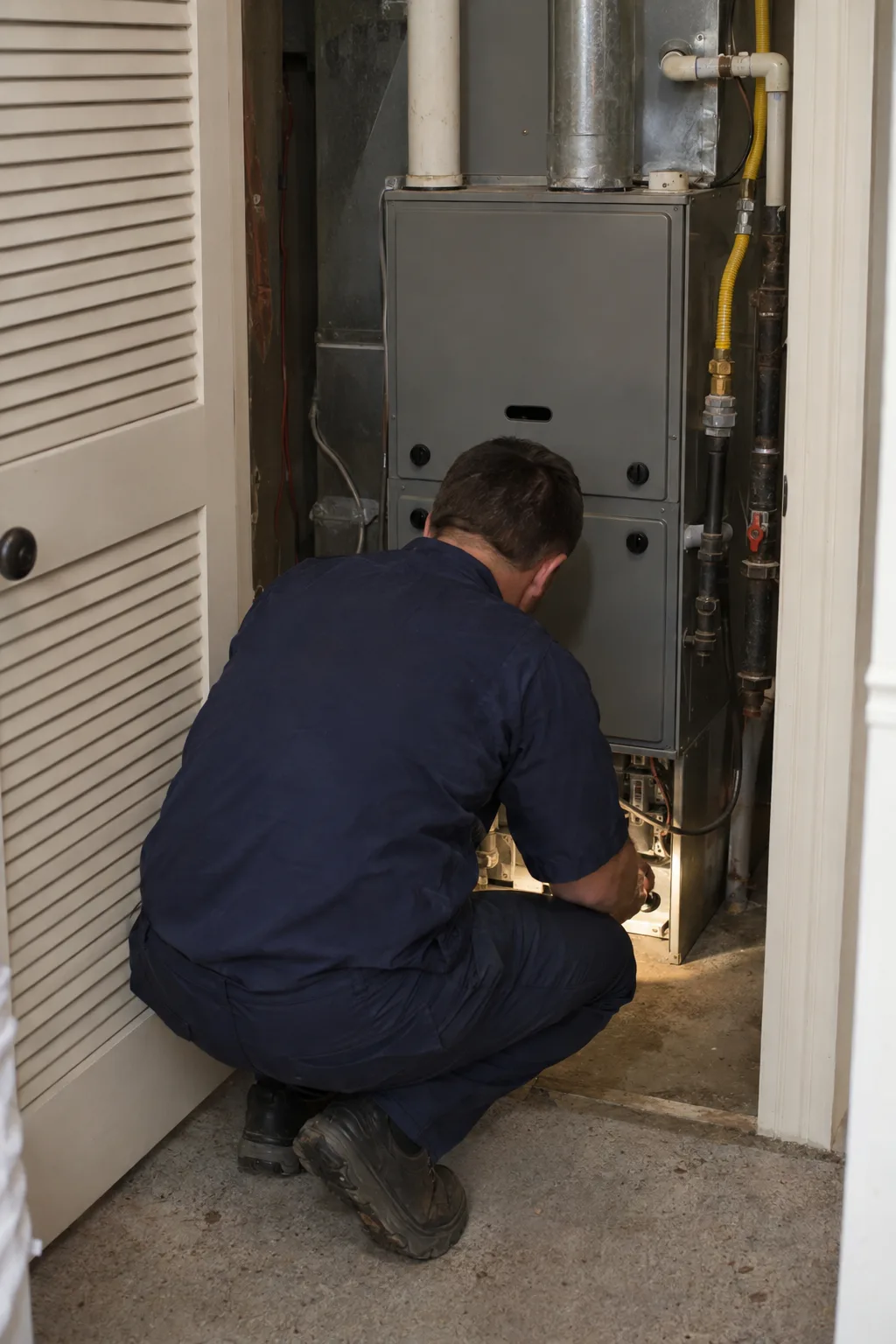 A technician in a navy work uniform crouches with a flashlight in front of a newly installed upflow gas furnace inside a residential utility closet, seen from behind.