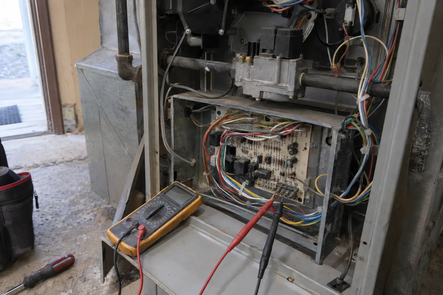 A digital multimeter with its probes resting on a furnace control board inside an open furnace cabinet, surrounded by colour-coded wiring, in a residential utility room
