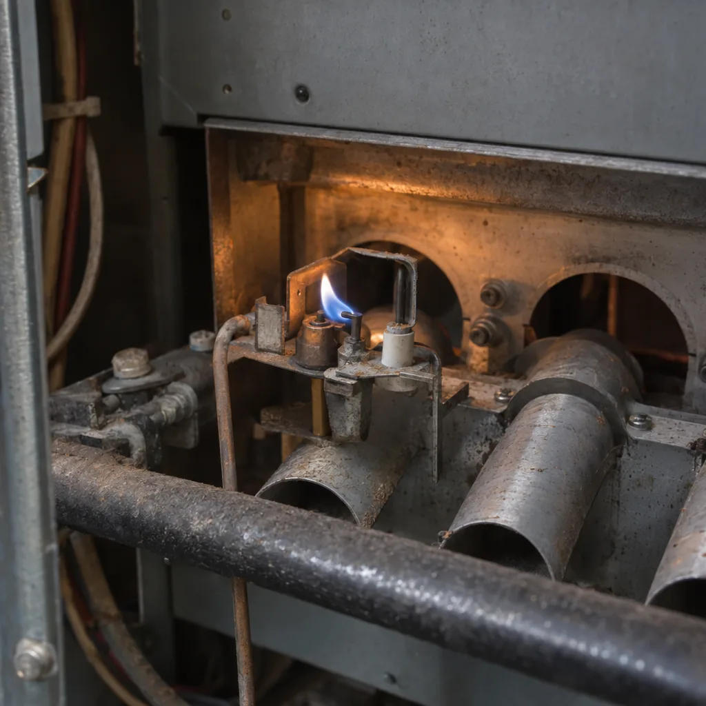 A steady blue pilot light flame burning at the pilot orifice inside a residential gas furnace burner compartment, with metal burner tubes visible in the background