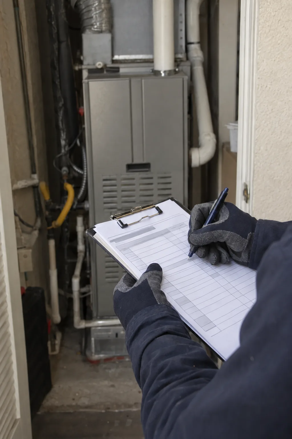 A technician's gloved hands writing on an inspection checklist, with a residential furnace cabinet softly visible in the background