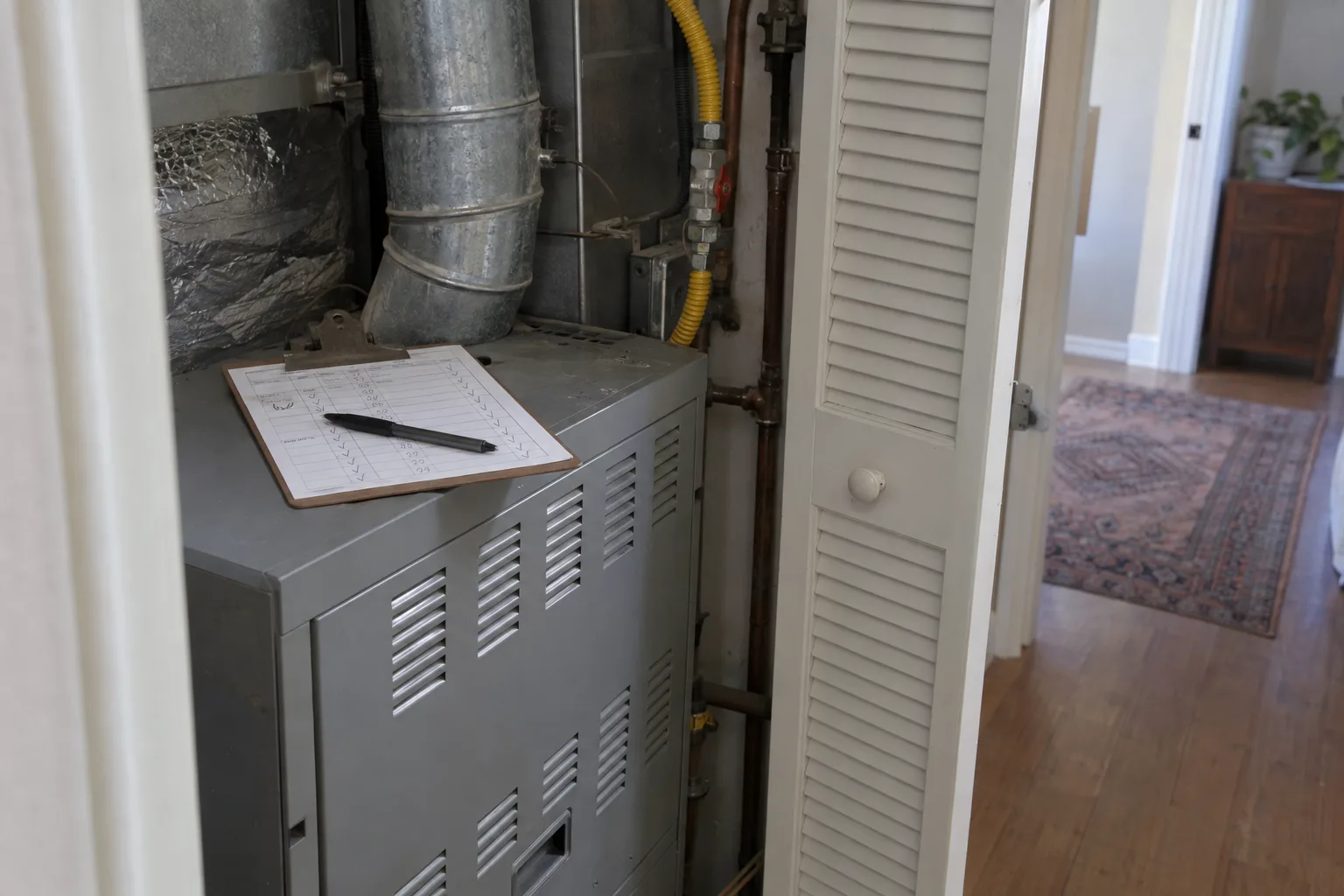 A metal clipboard holding a handwritten inspection checklist resting on top of a furnace cabinet in a residential utility closet, with a pen laid across the form and soft indoor lighting.