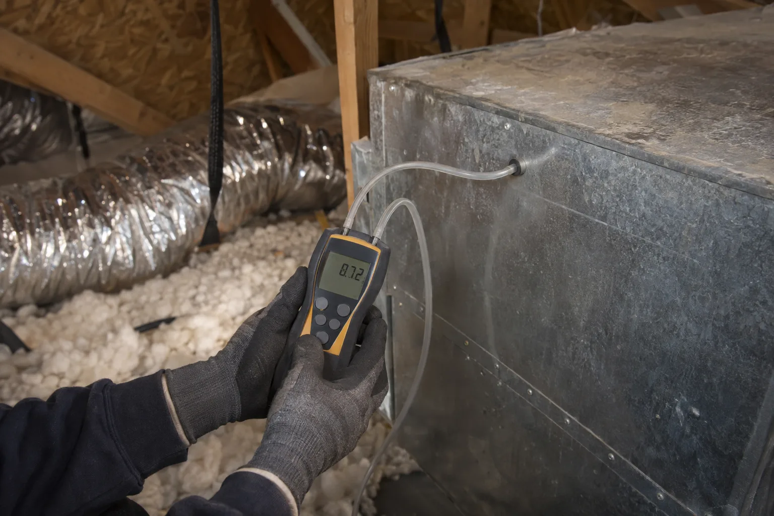 Close-up of gloved hands holding a digital manometer connected to a sheet-metal plenum inside a sunlit residential attic, measuring static pressure in ductwork