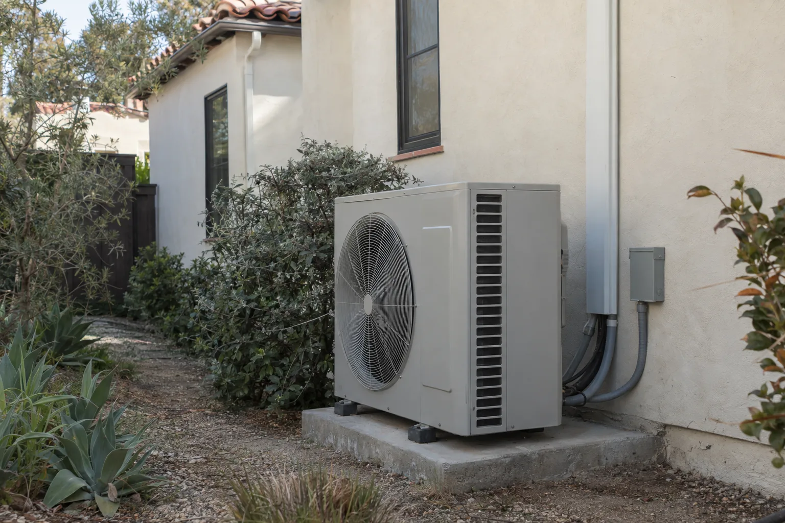 New heat pump condenser unit on a concrete pad in the side yard of a stucco Spanish-style Los Angeles home, surrounded by drought-tolerant plants under warm afternoon sunlight